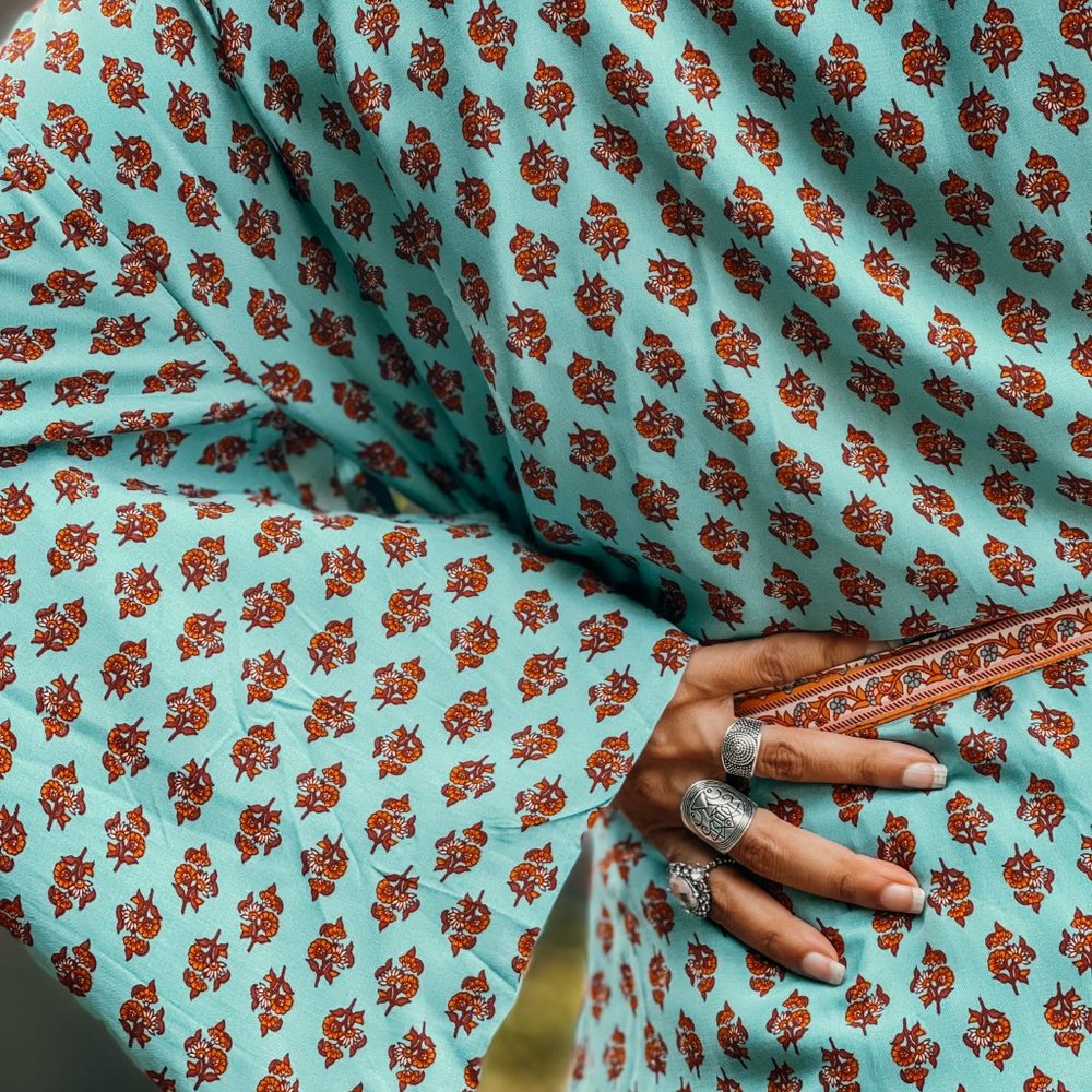 Boho Paisley Bohemian Romantic Turquoise Kimono - Picture 6 of 10
